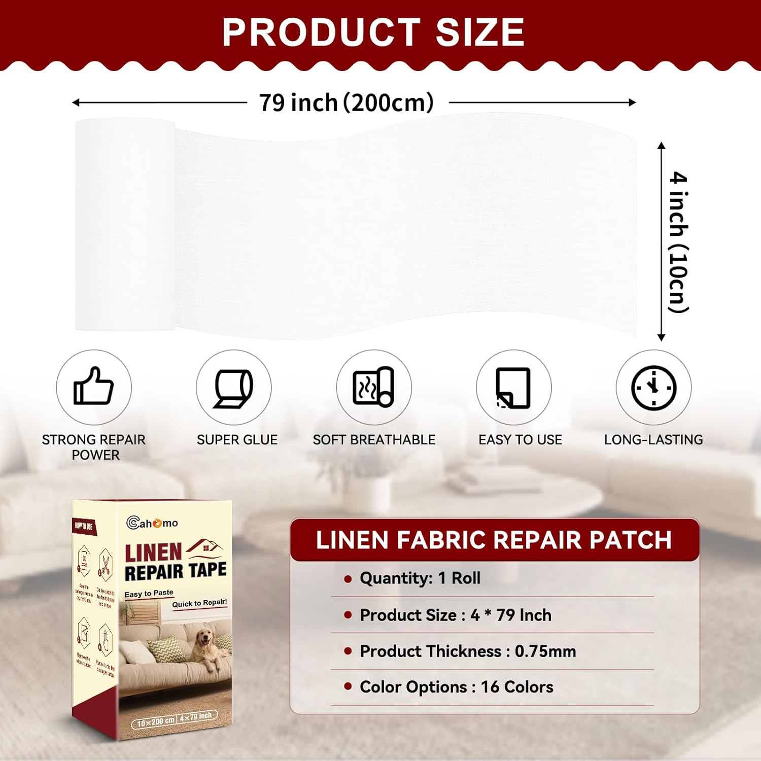 Linen Repair Tape 4x79 inch, Self Adhesive Fabric Patches, Linen Patch Tape Kit, Fabric Repair Tape for Couch Sofas, Headboards, Chairs, Pillows, Curtains, Couches - White