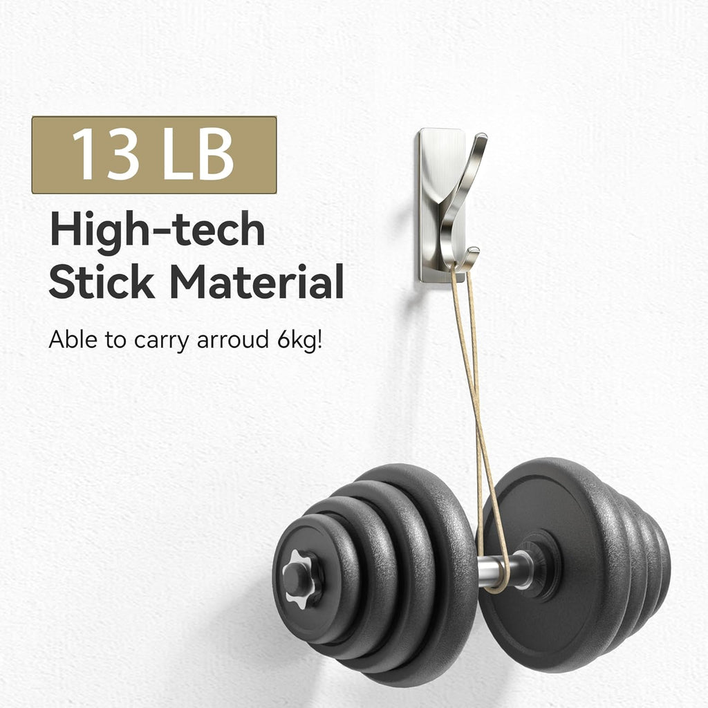 Self Adhesive Coat Hooks for Hanging: Heavy Duty Stainless Wall Hook for Towel, Backpack, Hat, Sturdy Metal Hanger for Bathroom, Bedroom, Door, Brushed Nickel, 6-Pack