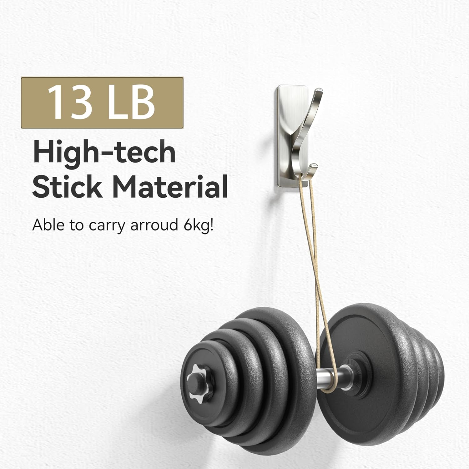 Self Adhesive Coat Hooks for Hanging: Heavy Duty Stainless Wall Hook for Towel, Backpack, Hat, Sturdy Metal Hanger for Bathroom, Bedroom, Door, Brushed Nickel, 6-Pack