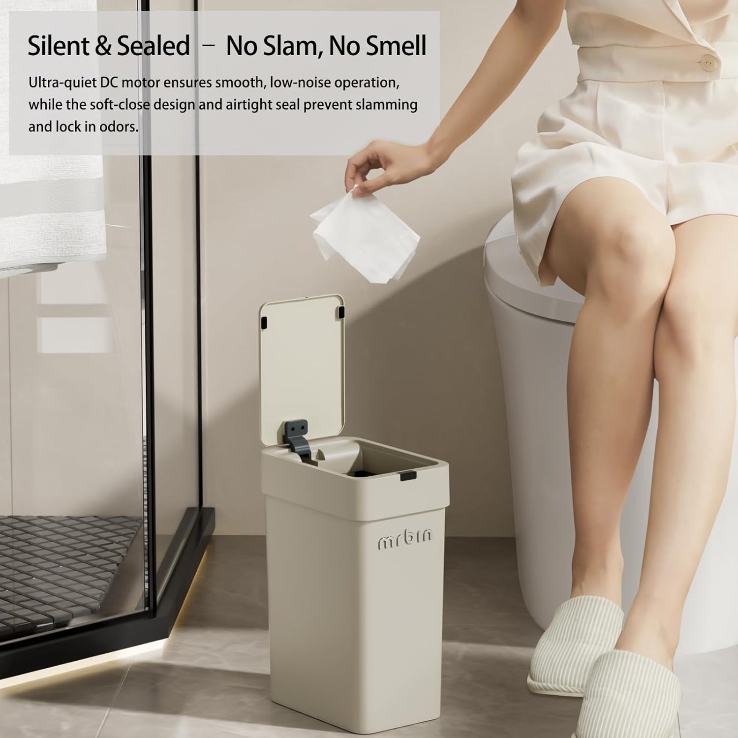 MRBIN Motion Sensor Bathroom Trash Can with Lid, 9L/2.4gal Automatic Plastic Slim Covered Electric Waste Basket, Narrow Rectangle Garbage Bin Under Desk for Small Office, Bedroom, Kitchen, Rv, Gray