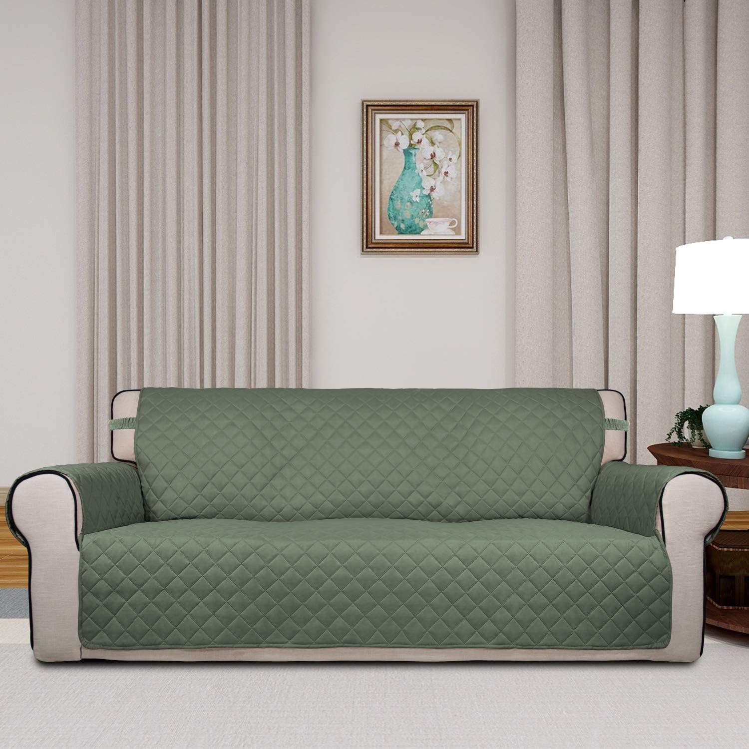 PureFit Reversible Quilted Sofa Cover, Water Resistant Slipcover Furniture Protector, Washable Couch Cover with Non Slip and Elastic Straps for Kids, Pets (Oversized Sofa, Greyish Green/Beige)