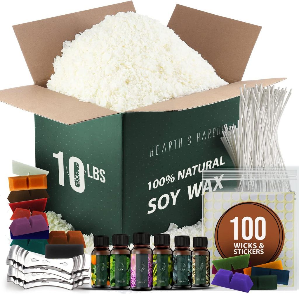 Hearth & Harbor Organic Soy Candle Wax for Candle Making, Premium 10 lbs Natural Candles Making Supplies, Beeswax-Free, Paraffin-Free, Pure Soy Wax Flakes Perfect for Candles, Tealights and Melts