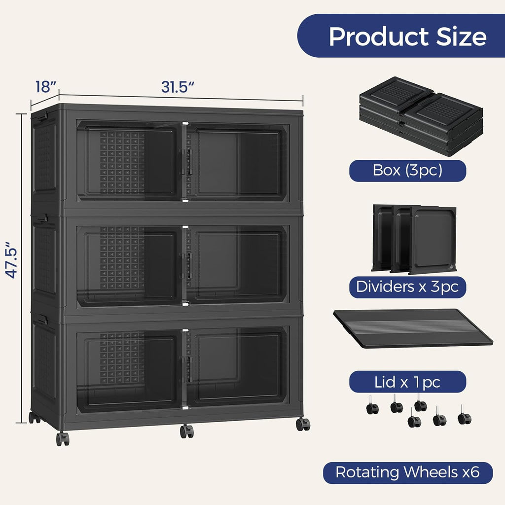 150GAL Extra Large Storage Bins with Lid, 600Qt Stackable Closet Organizers and Drawers, Collapsible Storage Bins with Wheels, Folding Storages Cabinet for Home Bedroom Office, 3Pack Black