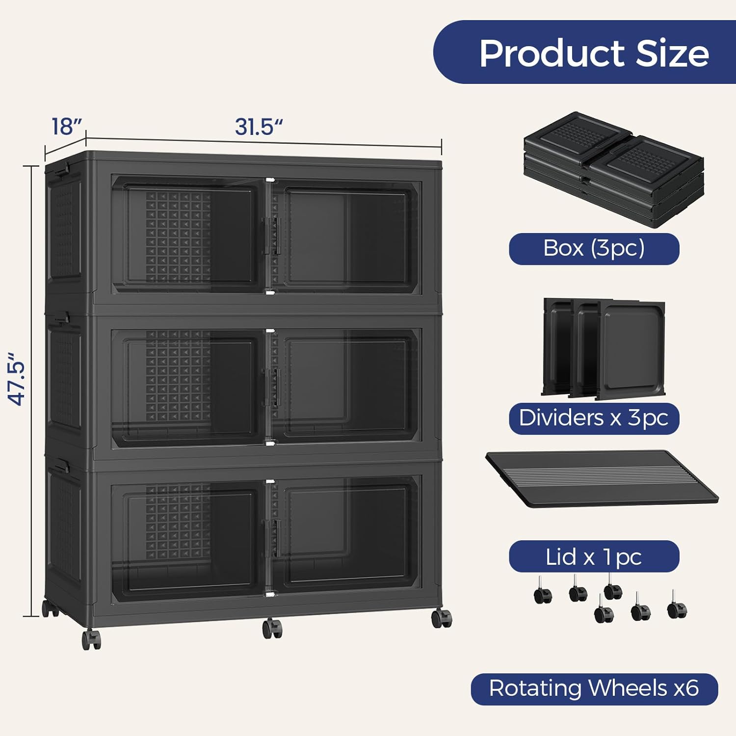 150GAL Storage Bins with Lid and Wheels, Stackable Closet Organizers and Storage Drawer, Collapsible Storage Box with Dividers, Foldable Plastic Cabinets Cubes Totes for Garage, 3 Pack Black