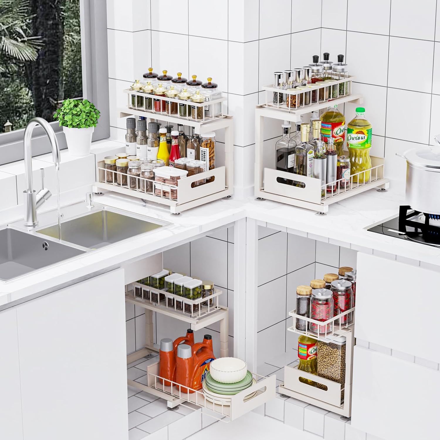 2 Pack Under Sink Organizer, 2-Tier Heavy Duty Metal Pull Out Cabinet Organizer Slide Out Sink Shelf Organizer Height Adjustable, Multi-Purpose Storage Shelf for Kitchen Bathroom (Sand, 1 Pack)