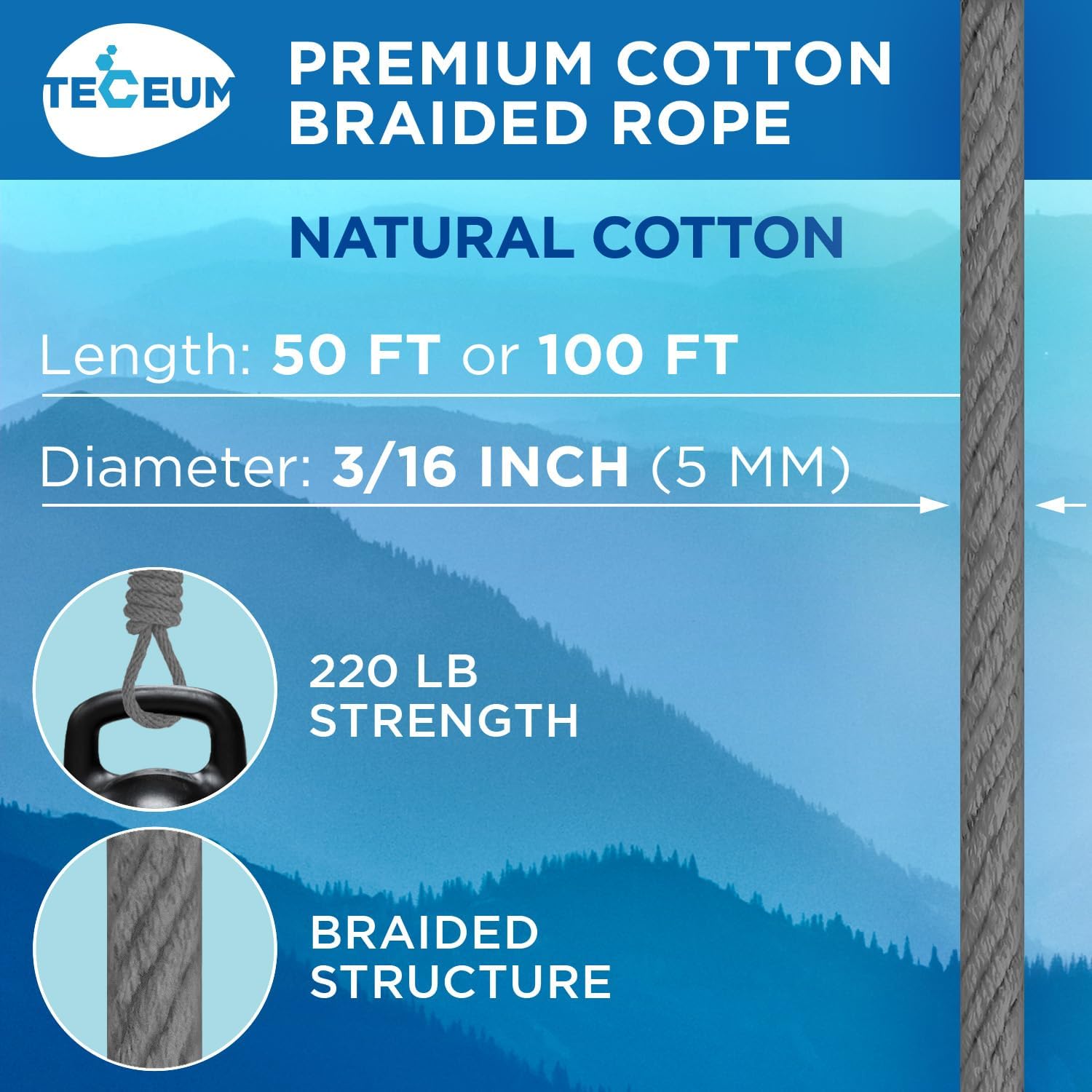 TECEUM Cotton Rope 3/16” (5 mm) – 50 FT – Strong All-Purpose Braided Rope – Natural Cotton – for Crafting, Сamping, Clothes Line, DIY, Indoor & Outdoor Use – Gray