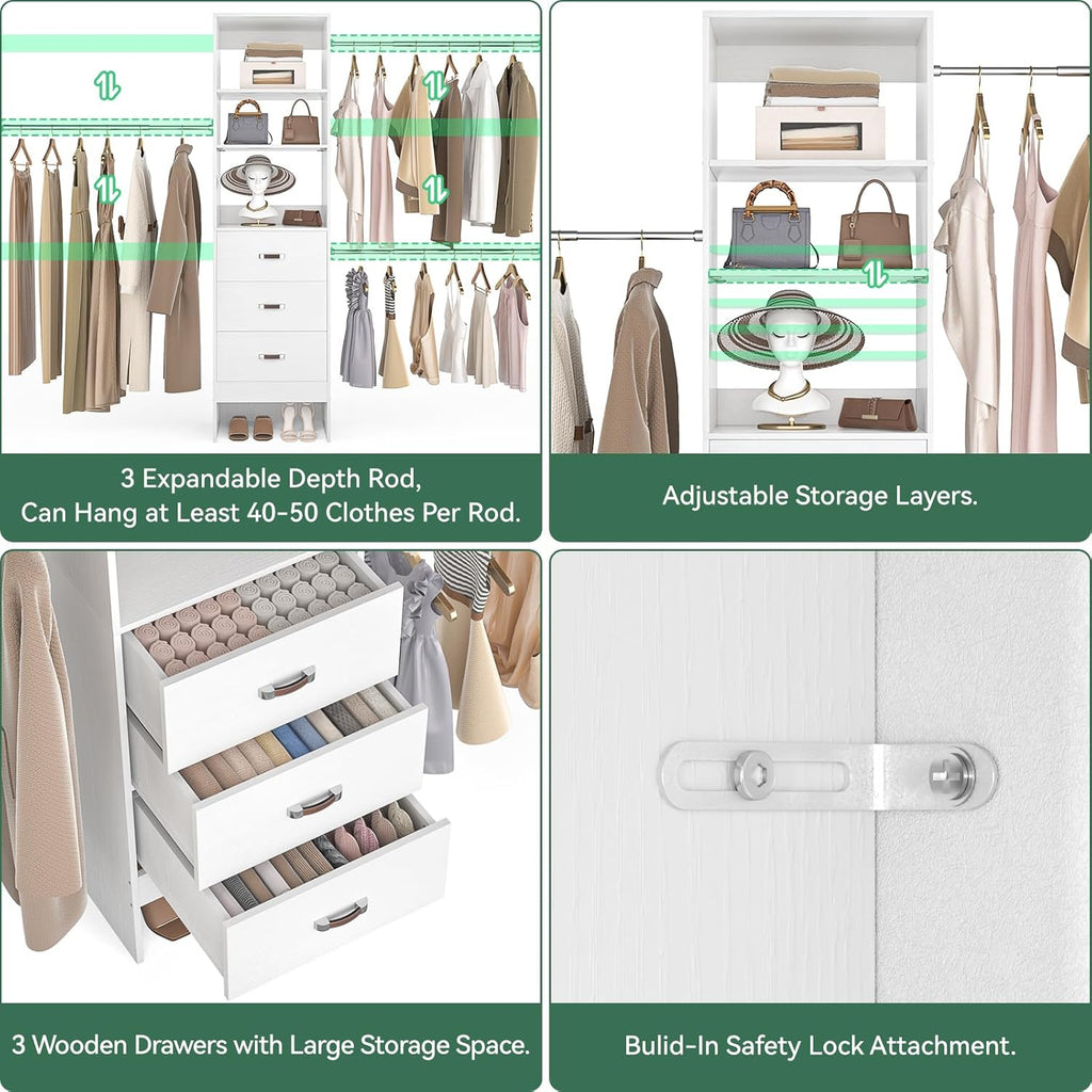 96'' Closet Organizer System with 3 Hanging Rods (Without 3 Storage Shelves), 8FT Closet Systems, Wall Mount Bedroom Wardrobe with 3 Wood Drawers, Adjustable Garment Rack from 5 to 8FT, White