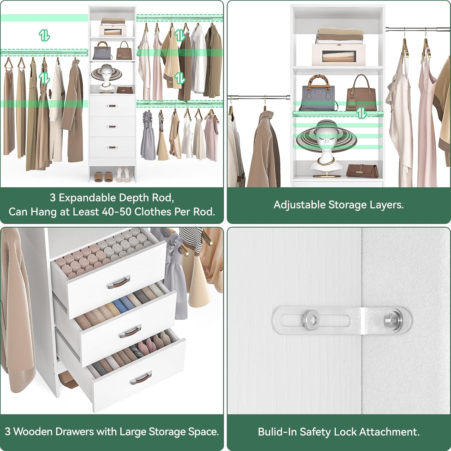 96'' Closet Organizer System with 3 Hanging Rods (Without 3 Storage Shelves), 8FT Closet Systems, Wall Mount Bedroom Wardrobe with 3 Wood Drawers, Adjustable Garment Rack from 5 to 8FT, White