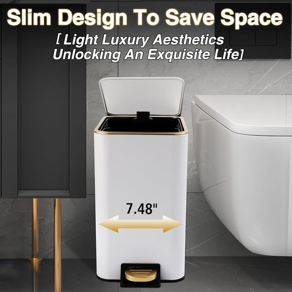 Small Bathroom Trash Can with Lid Soft Close, 1.8 Gallon Stainless Steel Garbage Can with Removable Inner Bucket,75Count Trash Bags, Slim Step Pedal Trash Bins