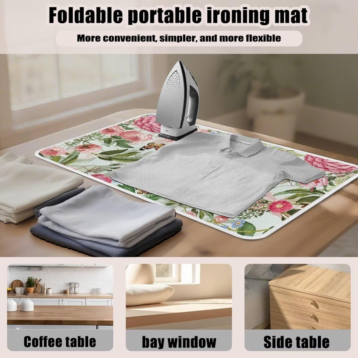 Ironing Mat Foldable Ironing Pad Portable Board Iron Board Alternative Cover,Hummingbird Floral Small Iron Mat for Table Top,Washer and Dryer 32 x 16 Inch