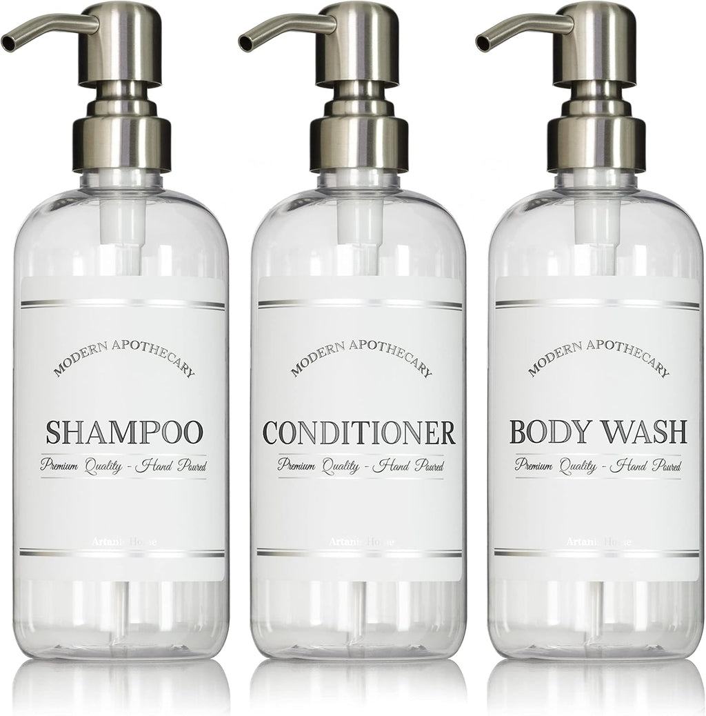 Clear Refillable Shampoo and Conditioner Bottles - Body Wash, Shampoo and Conditioner Dispenser - PET Plastic Shampoo Bottles Refillable with Pump - Waterproof Labels - 16 oz, 3 Pack (Stainless Steel)
