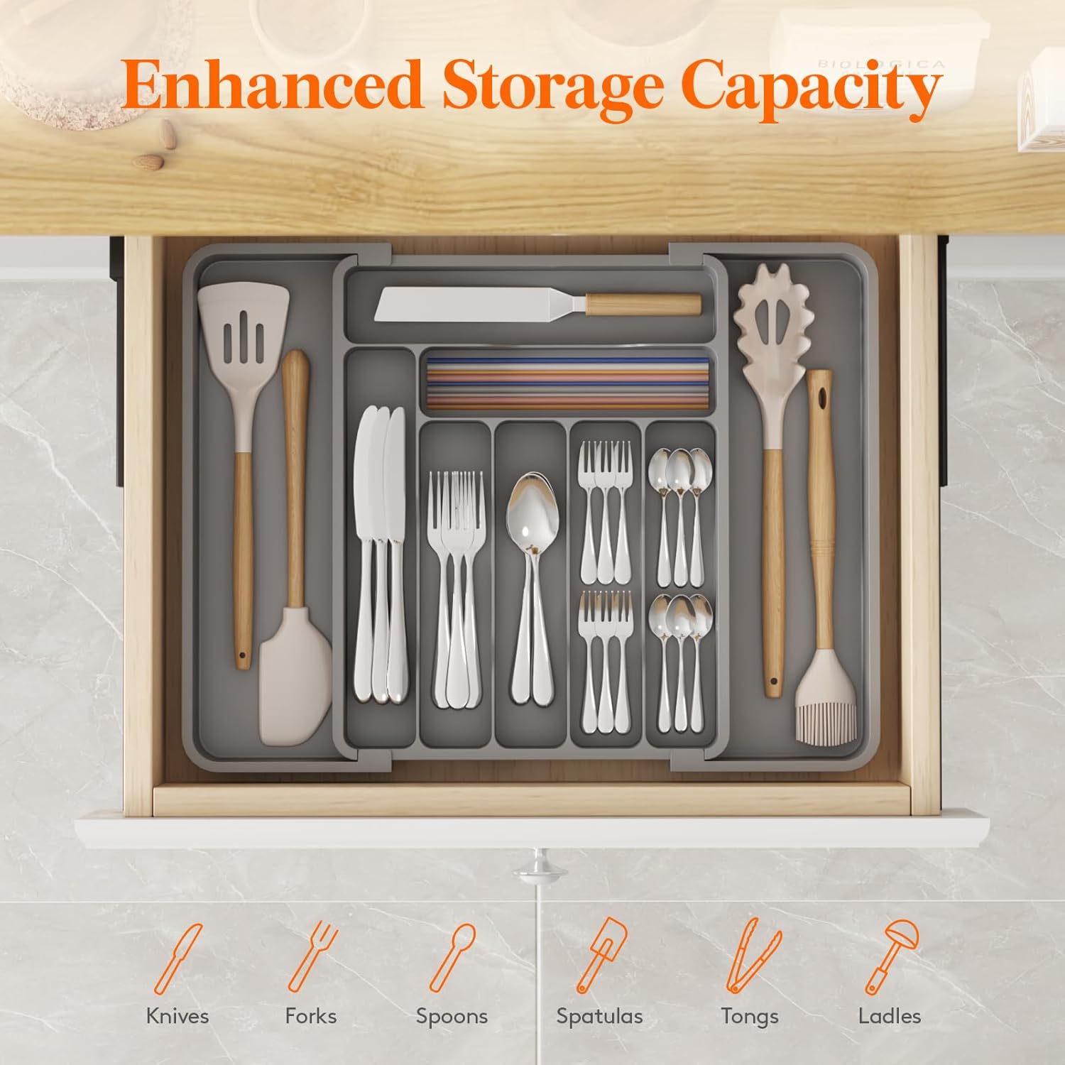 Lifewit Silverware Drawer Organizer, Expandable Utensil Organizer for Kitchen Drawers, Adjustable Cutlery and Flatware Tray, Plastic Spoons Forks Knives Holder Storage Dividers, Medium, Gray