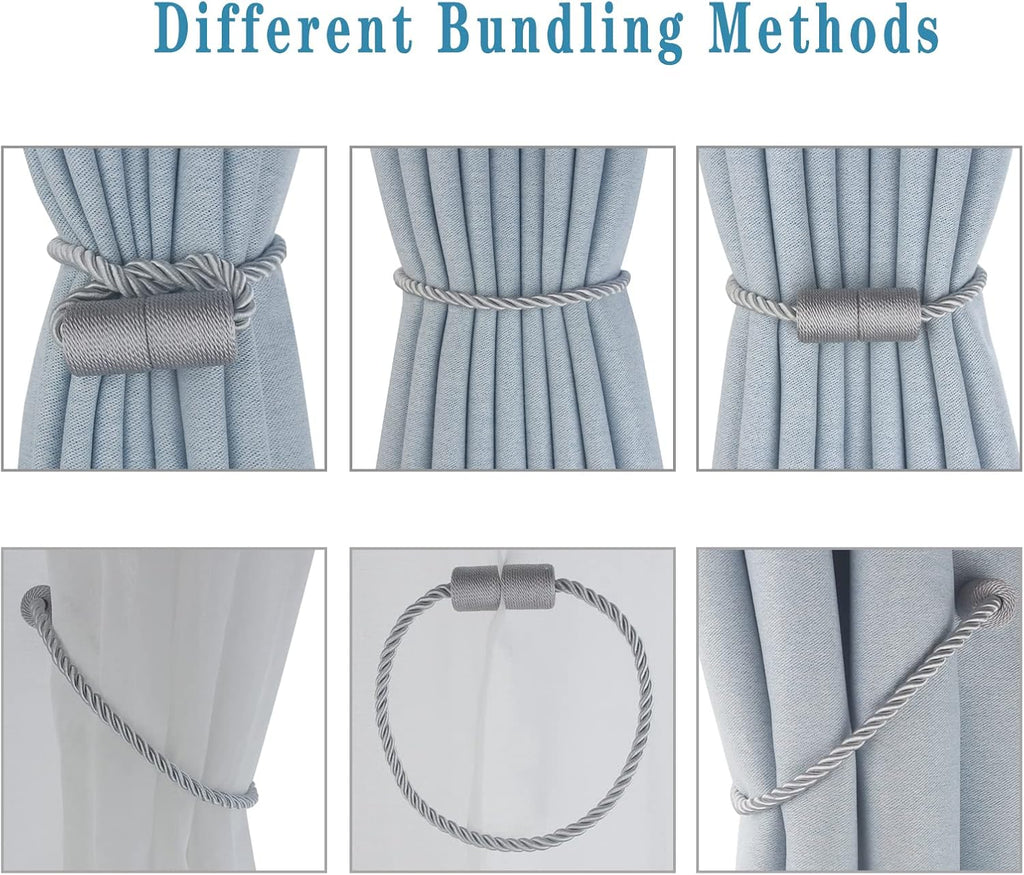 Magnetic Curtain Tiebacks 2 Pack Grey Curtain Rope Tieback Curtain Holders for Drapes Modern Tie Backs Decorative Curtain Holdbacks