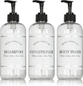 Clear Refillable Shampoo and Conditioner Bottles - Body Wash, Shampoo and Conditioner Dispenser - PET Plastic Shampoo Bottles Refillable with Pump - Waterproof Labels - 16 oz, 3 Pack (Black Plastic)