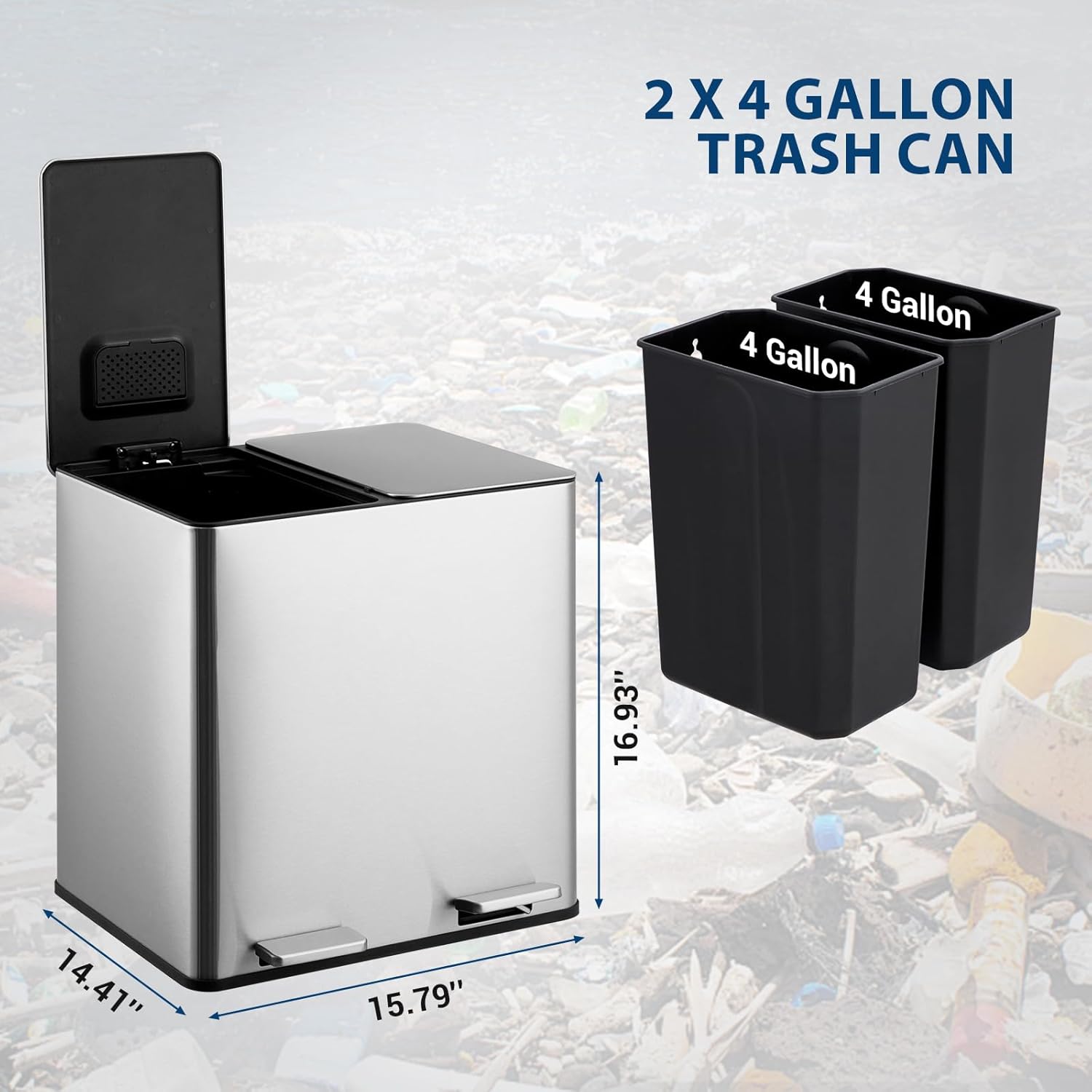 GarveeHome Dual Trash Can, 2x4 Gallon (2x15L) Stainless Steel Step Trash Can, Rectangular Garbage Can for Kitchen, Office with 2 Compartments, Removable Inner Buckets, Soft-Close Lid, Silver