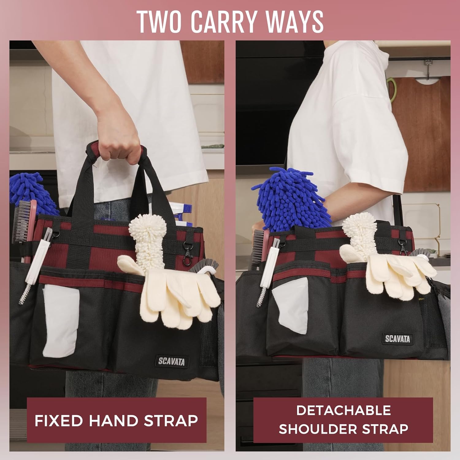 Compact Wearable Cleaning Caddy, Small Cleaning Caddy Supplies Organizer with Handle & Shoulder Straps for Housekeepers, Under Sink & Car Cleaning Tool Organizers Bag (AncoraRed)