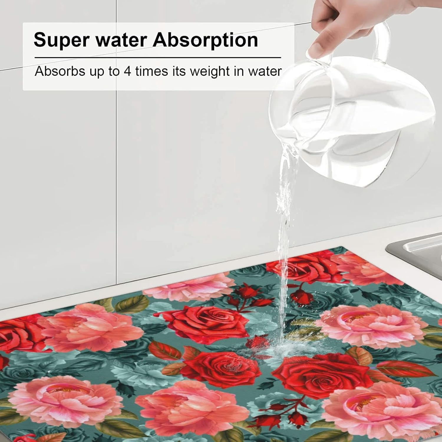 Floral Boho flowers Dish Drying Mat For Kitchen Counter 18 X 24 Inch Absorbent Dish Mat Reversible Drainer Drying Kitchen Mat