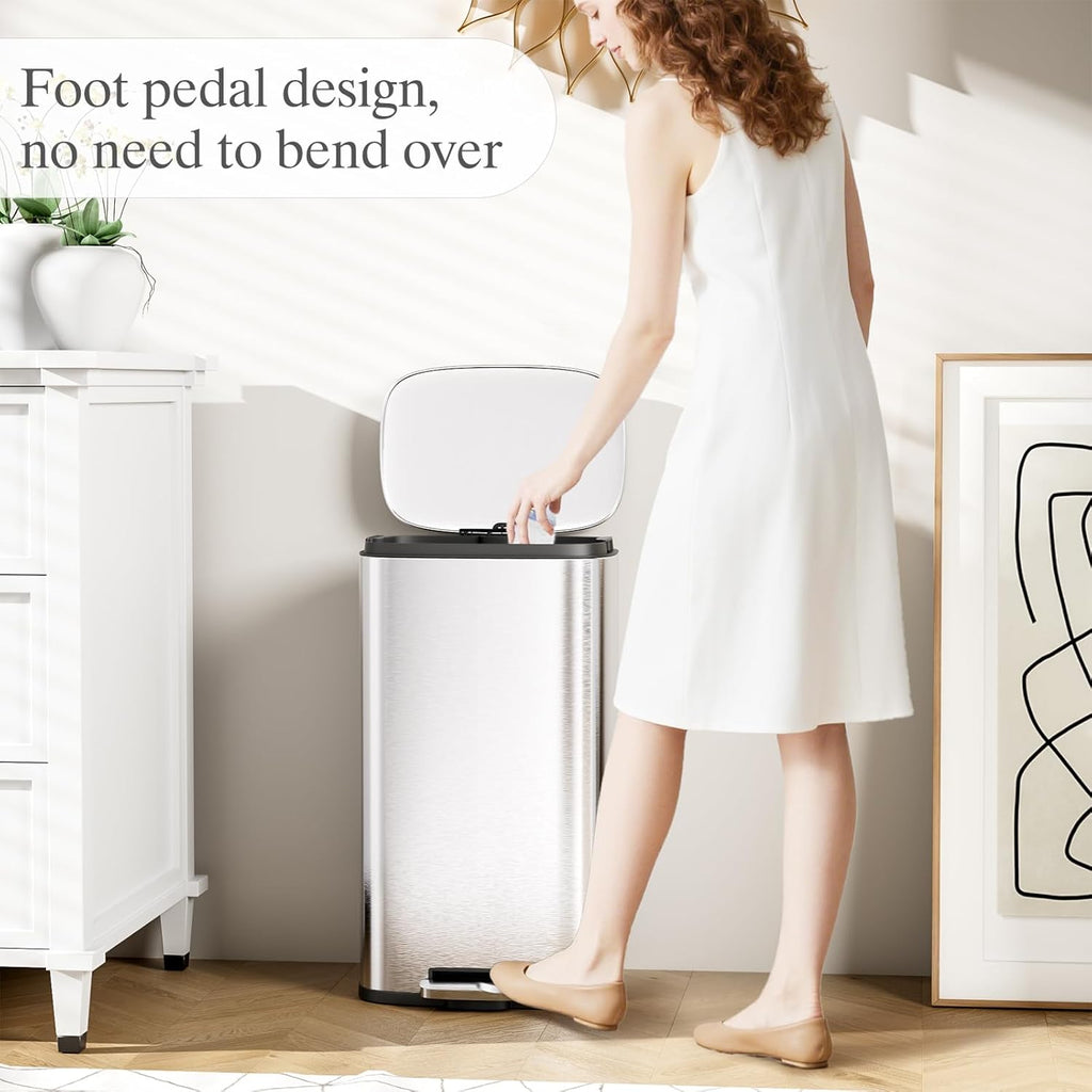 AthLike Trash Can, Stainless Steel Kitchen Garbage Can, Step Waste Bin with Hinged Lid and Removable Inner Bucket, Soft-Close, Dustbin for Bathroom Bedroom Living Room Home (Silver, 8 Gal)