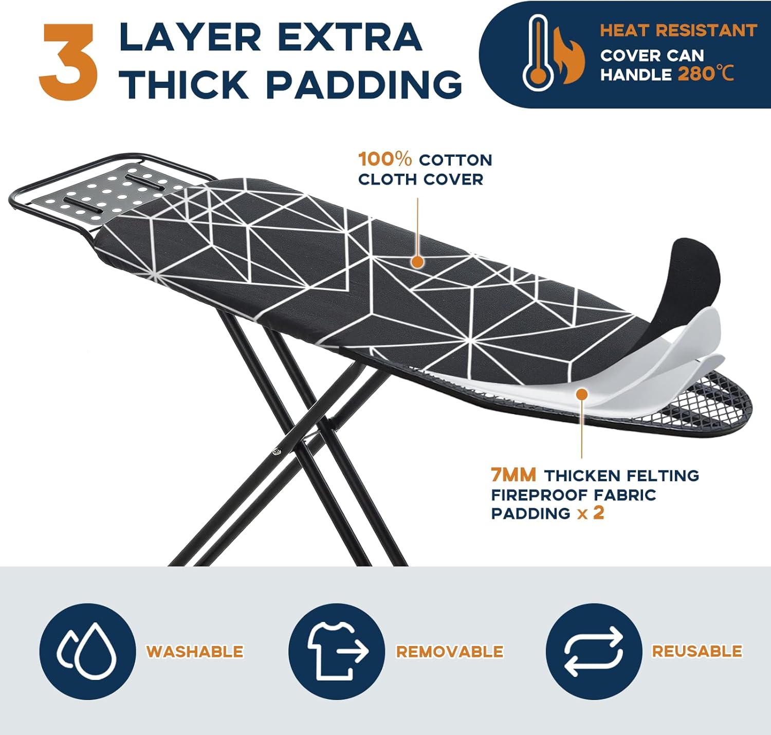 Ironing Board 43x13, Compact Iron Board Full Size with Heavy Duty Iron Rest, Thick Padded Cover, Adjustable Height, Sturdy Lightweight Steel Legs, Black