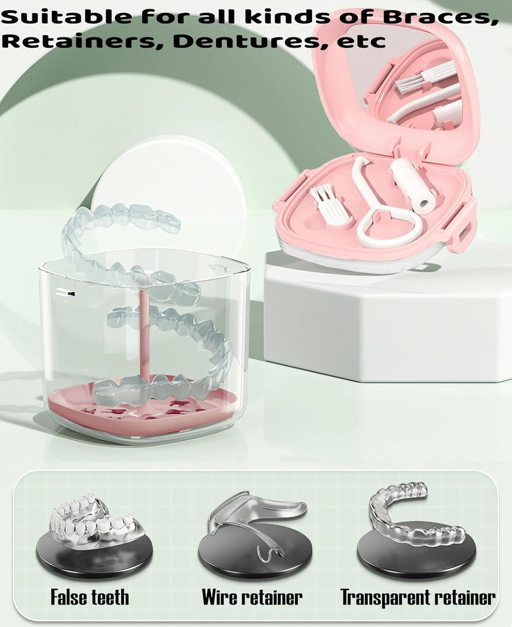 MURRI&MURRDI Retainer Case, Denture Bath Box with Strainer Basket, Mouth Guard Case, Braces Cleaner Cup, Cute Denture Holder Storage Soak Container for Travel Cleaning (A Pink)