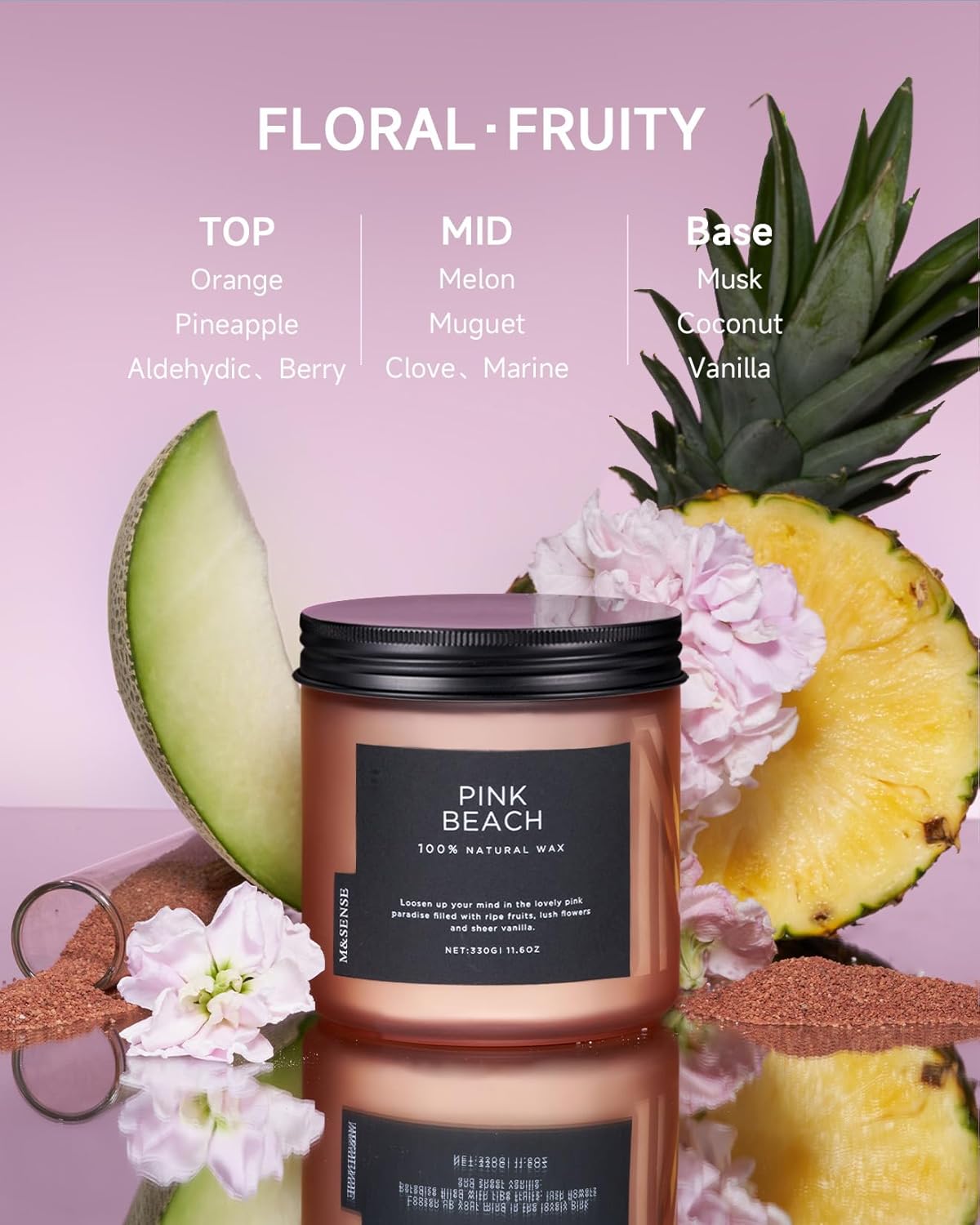 M&SENSE Pink Beach Sands Jar Candle, 11.6oz Pineapple & Coconut Scented Natural Soy Candles for Home Scented, 70 Hour Burn Time, Home Decor Gift for Women, Friends, Family, Colleagues, Couples