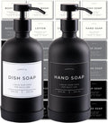 16oz Glass Soap Dispenser with Stainless Steel Pump, 21 Waterproof Labels, Non-Slip Protective Silicone Pad, Set of 2 for Bathroom & Kitchen (Matte Black Bottle/Black Pump)