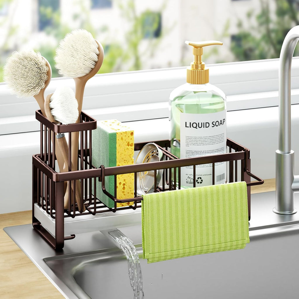 HapiRm Sponge Holder for Kitchen Sink - Self-draining Sink Caddy with Brush and Dishcloth Holders, Stainless Steel Kitchen Organizer for Countertop - Bronze