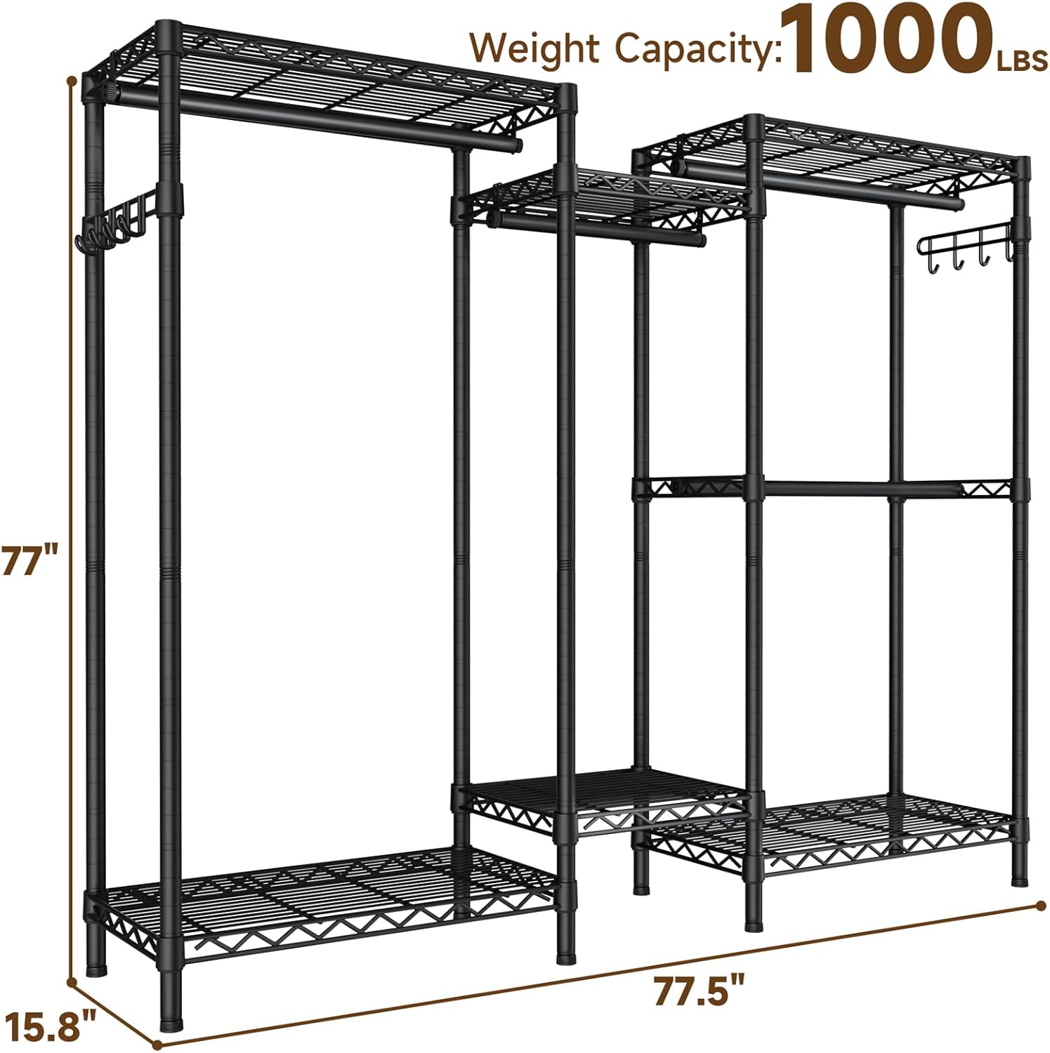 Heavy Duty Garment Rack Large Clothes Rack,Freestanding Closet Portable Clothing Rack with 7 Adjustable Wire Shelves&4 Hang Rods&2 Hooks,Metal Closet Storage Organizer Wardrobe System,MaxLoad 1000lbs