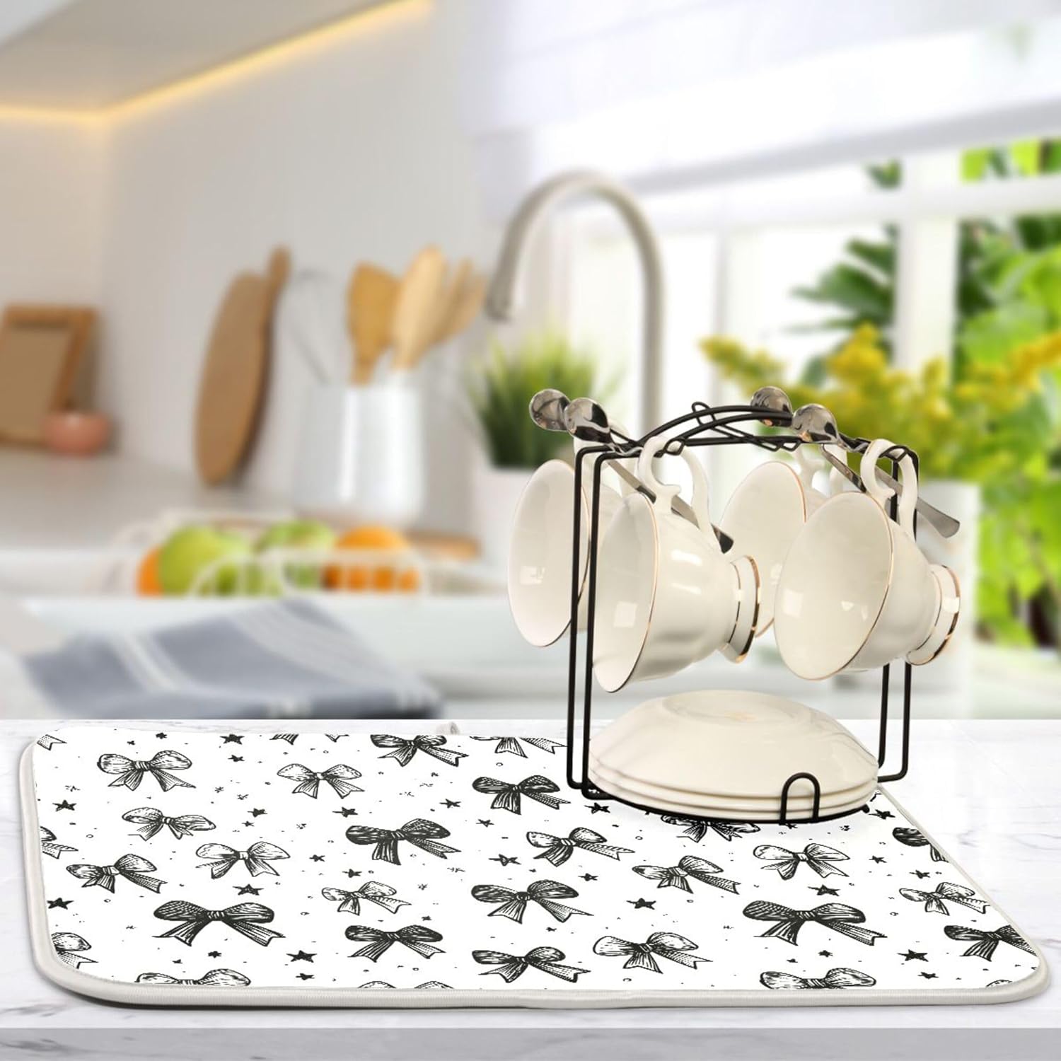 Black White Bowknot Dish Drying Mat for Kitchen Countertop 16x18 Rectangle Bow Small Drying Mat Reusable Quick Dry Dish Sink Absorbent Mats Dishwasher Easy Clean Decorative Home Decor Essentials