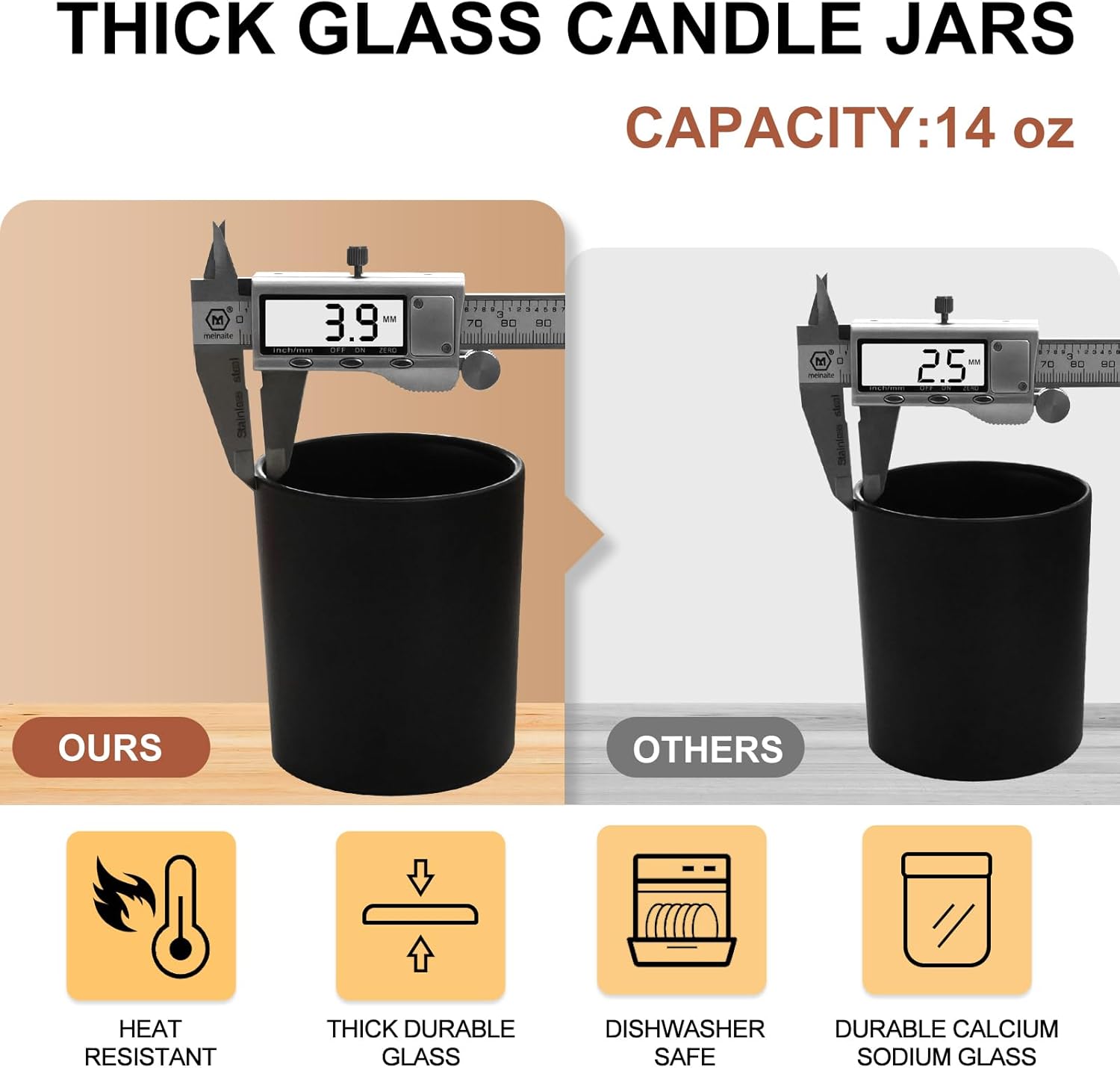 14 OZ Thick Candle Jars for Making Candles 12 Pcs, 3 Wick Empty Jars with Wood Lids for Candle Making, Sample Container,Matte Black