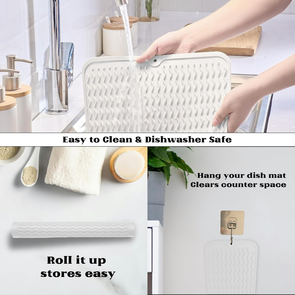 ZLR Silicone Dish Drying Mat for Kitchen Counter, Eco-Friendly Fast Dry Dish Mat, Easy Clean Multi Usage Drying Matt, Heat Resistant Trivet, 16" x 12" Large, Milk White