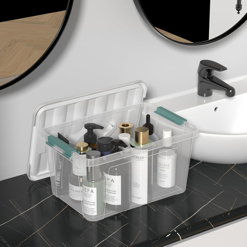Zopnny 14 Quart Plastic Lidded Storage Bin with Handle, Clear Latching Box with White Lid, 6 Packs