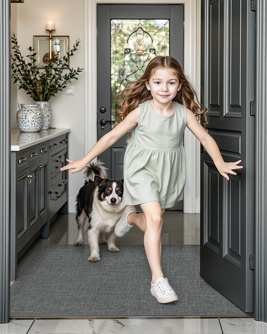 LUMI Ultra Thin Door Mat for Entryway, Low Profile Non Slip Rubber Backing Indoor Doormat, Easy Clean Welcome Entrance Mat for Inside House, Patio, Greenish Grey 17"x30"