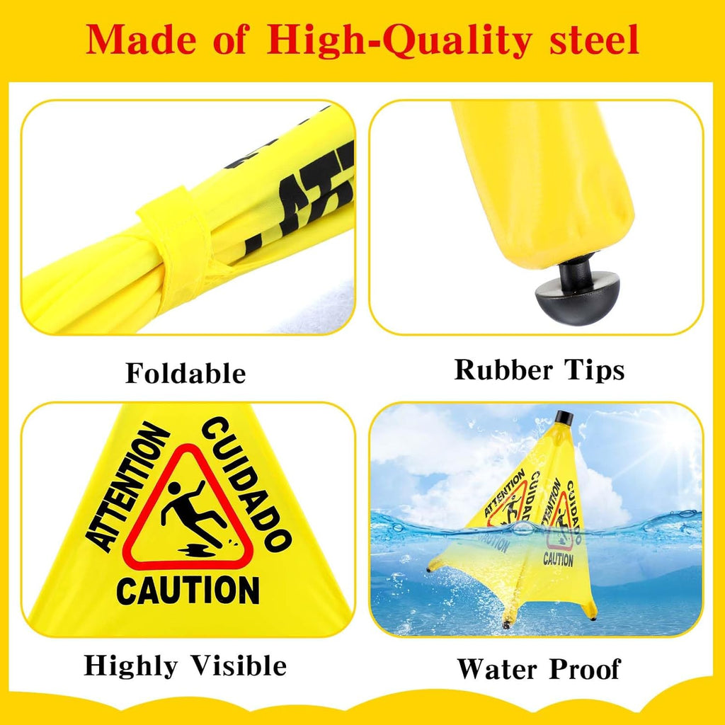 4-Packs Wet Floor Signs 20 Inch, Pop UP Bilingual Yellow Caution Wet Floor Sign with Wall Mounted Storage Tube Foldable, Slip Carefully Safety Cone Signs Pop up Caution Commercial Sign