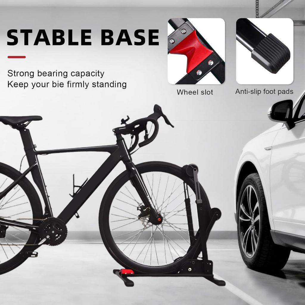 Heavy-Duty Floor Bike Stand, Freestanding Bicycle Storage Rack, Adjustable Dual Support Arms, No-Drill Installation for Garage, Black