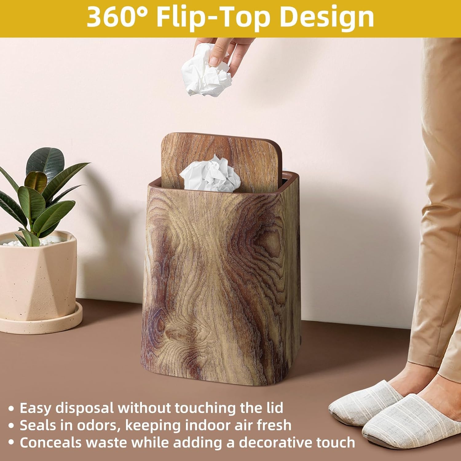 Wood Grain Plastic Trash Can Swing Top Lid, 4Gal/15L Farmhouse Wastebasket Bin Retro Style with Inner Bucket, Bathroom Trash Can Hidden Bag for Room Aesthetic, Square Brown Garbage Can 2pack