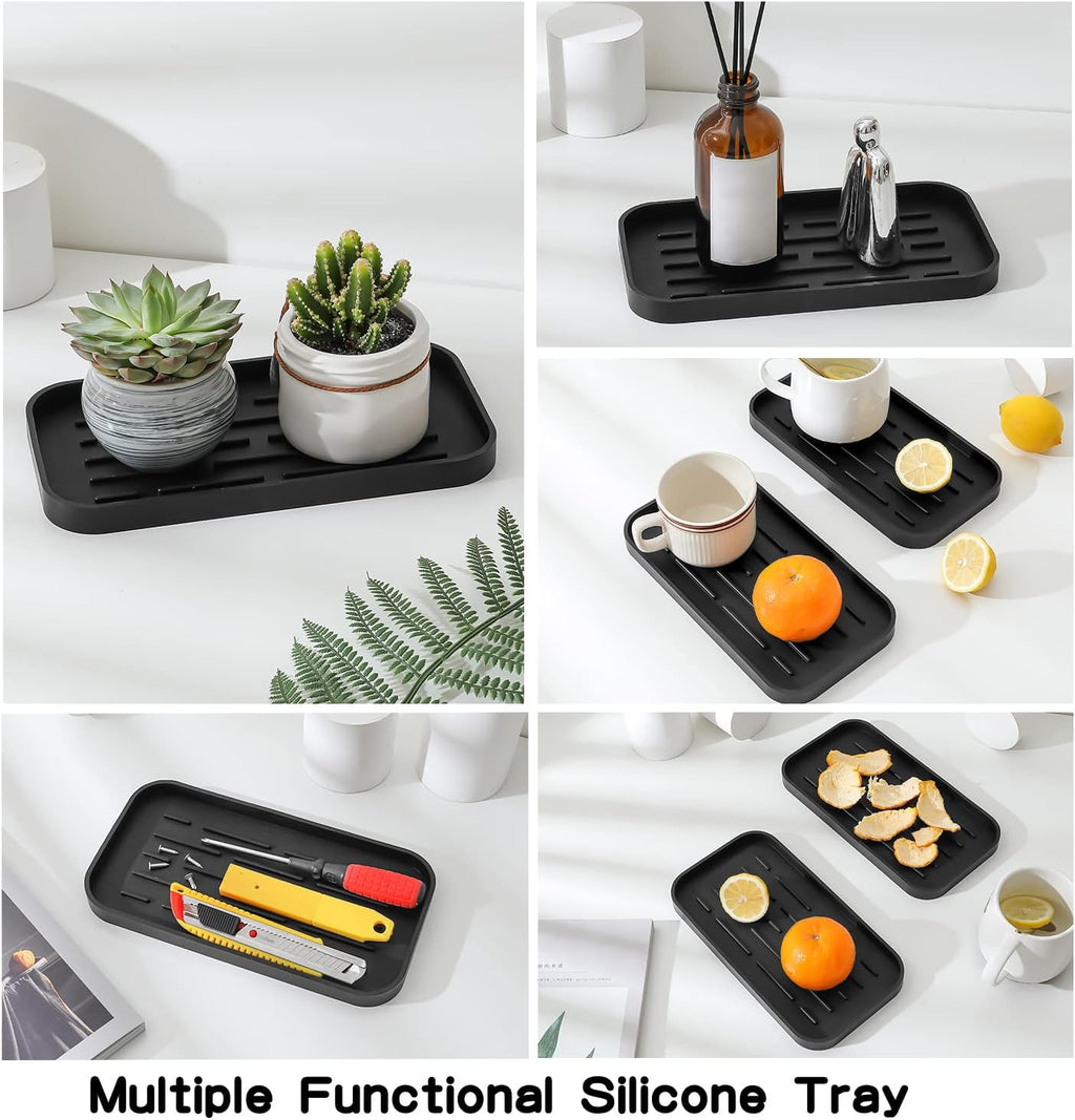 Silicone Kitchen Sink Organizer Tray for Multiple Usage,Eco-Friendly Sponges Holder for Kitchen Bathroom Counter or Sink,Dish Soap Dispenser,Scrubber,Bottle,Cup (Black, 10"×5.3")