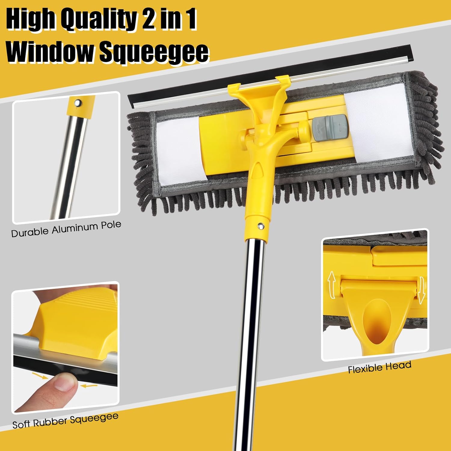 81" Long Handle Window Cleaner Tool Squeegee with Extension Pole, 2 in 1 Large Surface Window Cleaning Kit, Professional Window Washing Kit for High Windows Glass Car Mirror Solar Panel