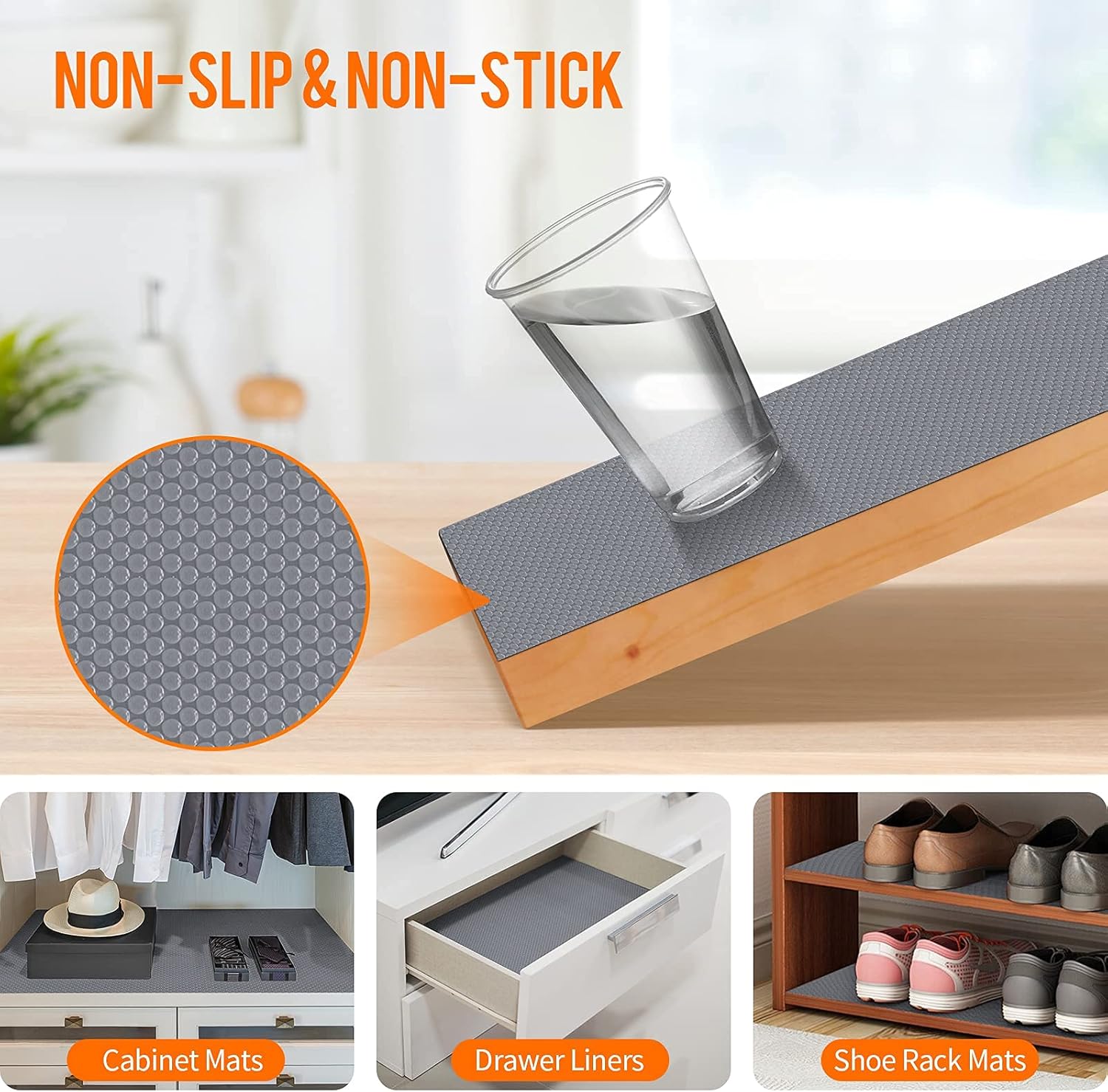Shelf Liners for Kitchen Cabinets Non-Adhesive, Drawer Mats Liner for Bathroom, Plastic Pantry Shelf Liner Non Slip, Waterproof Washable Cabinet Protector Liners for Shelves, Cupboard Liner Gray