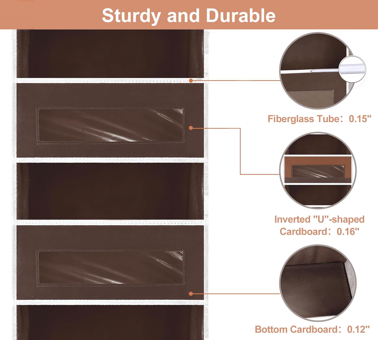 5-Tier Over The Door Storage Organizer with 10 Side Mesh Pockets, 48 lbs Load Capacity, 3 Hooks Design, Door Hanging Organizer with Clear Windows for Bathroom, Bedroom, Nursery, Kitchen-Brown