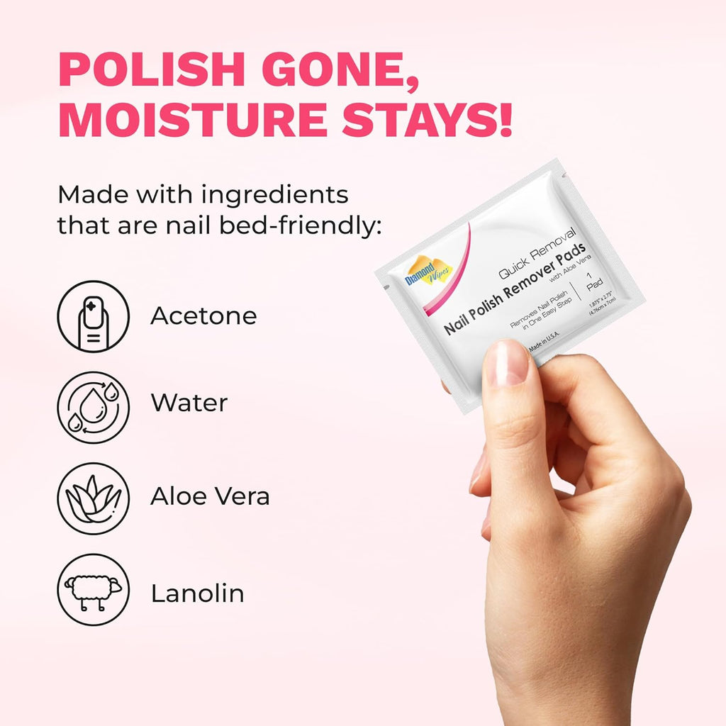 Diamond Wipes Nail Polish Remover Wipes with Aloe Vera, Acetone Nail Polish Remover Pads, Case of 500 Individually Wrapped Nail Polish Wipes