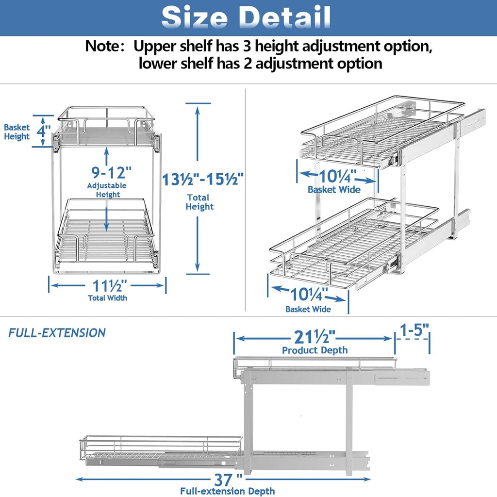 2 Tier Individual Pull Out Cabinet Organizer 11½" W x 21½" D, Heavy Duty Cabinet Pull Out Shelves, Slide Out Drawers Organization for Kitchen Cabinets Bathroom