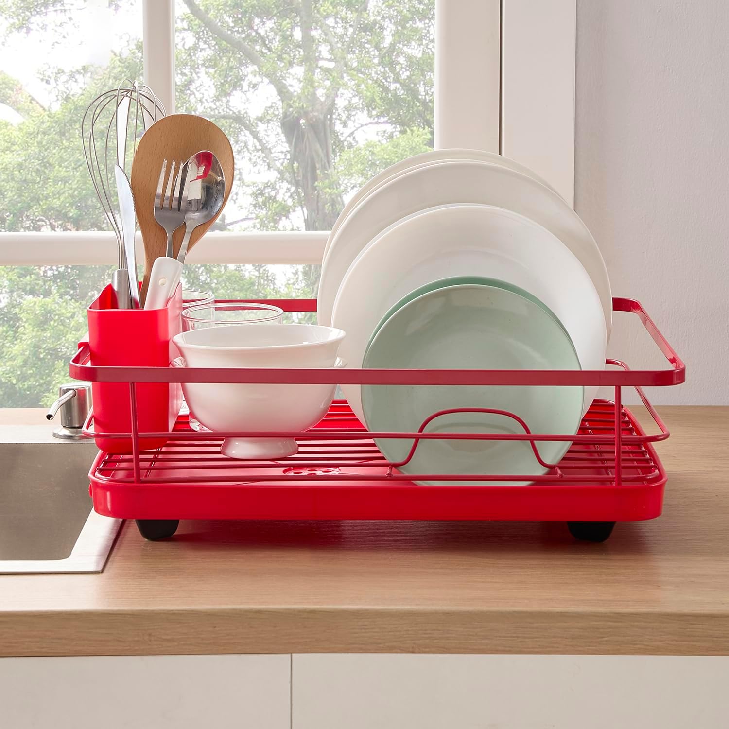 Dish Drying Rack 3 Piece Dish Drainer with Drainboard Set for Kitchen Counter – Dish Rack with Removable Utensil Holder & Swivel Spout for Countertop – DishRack for Plates, Cups & Organization, Red