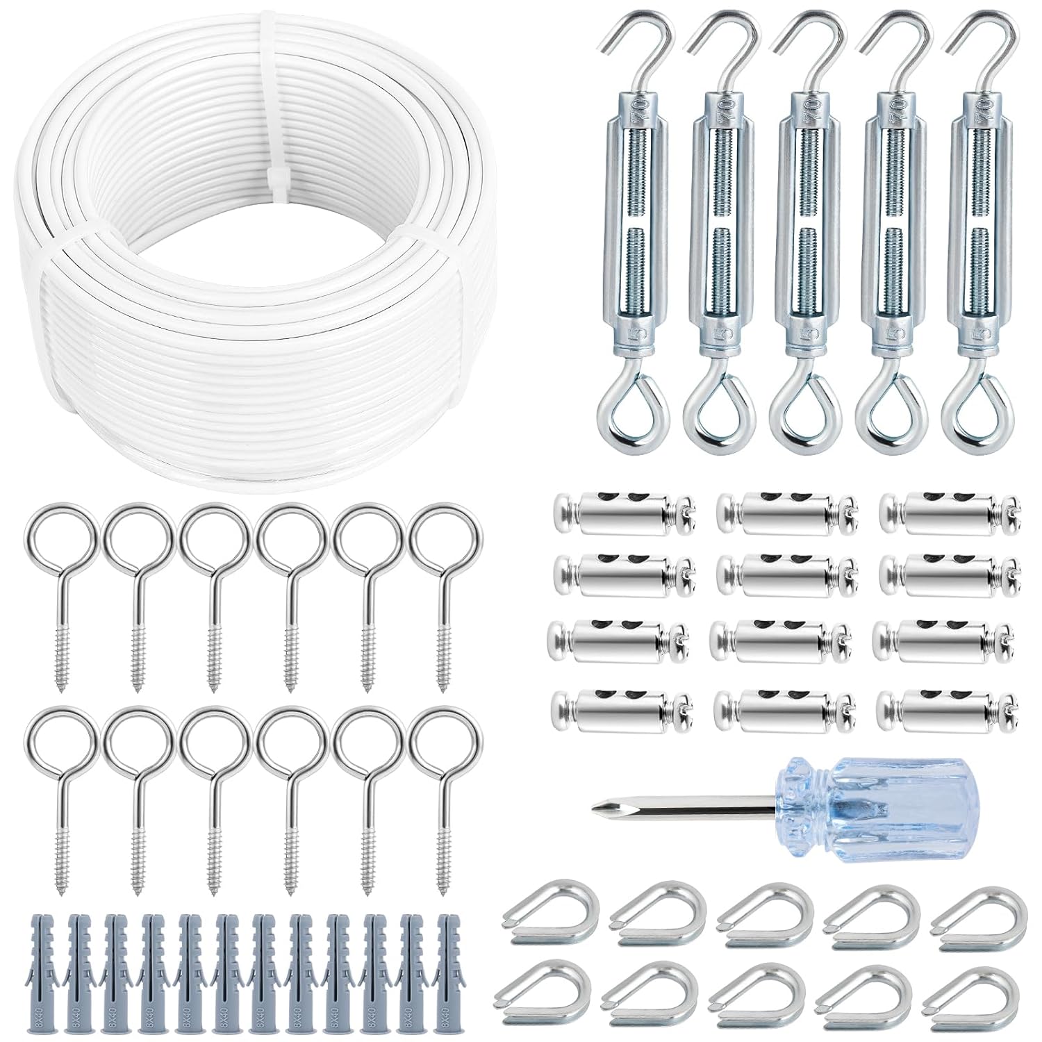 Turnbuckles for Cables Wire, 1/8" X 100Ft White PVC Coated Wire Rope Kit, Multi-use Steel Cable for Grape Vines/Clothes Line Outdoors for T Post/String Light Hanging/Garden Wire