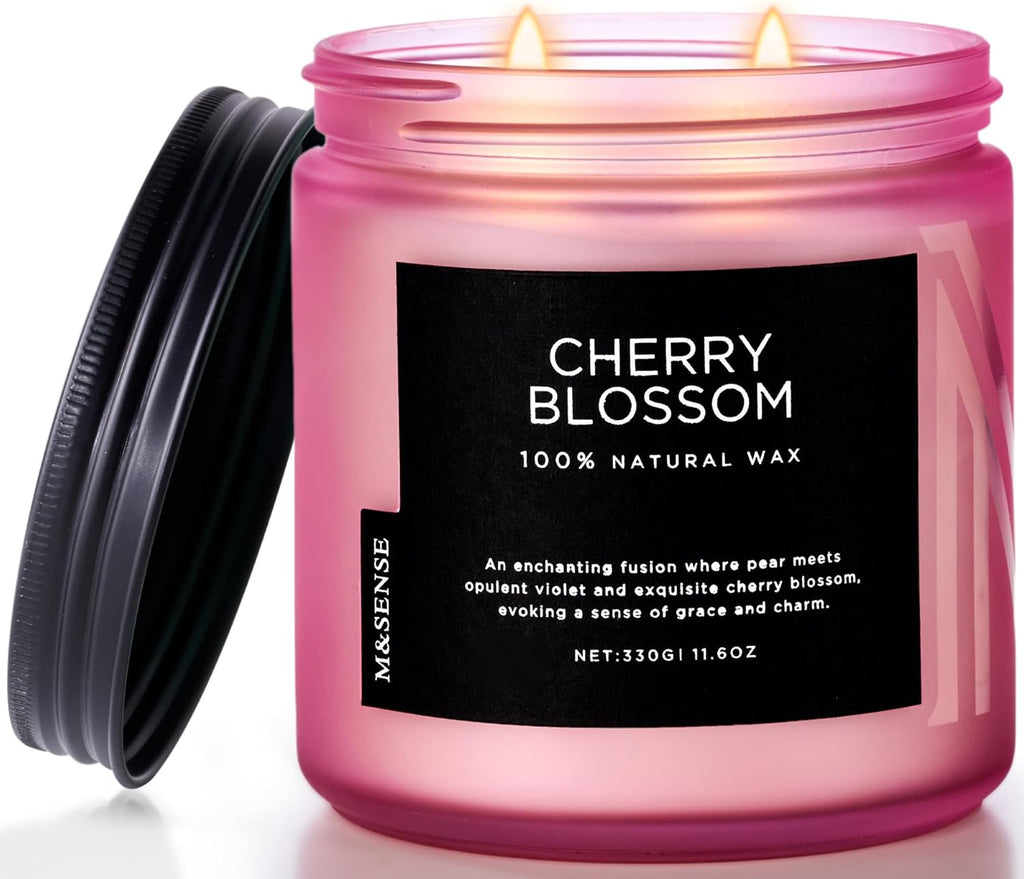M&SENSE Cherry Blossom Scented Spring Candle, 70 Hours Long Lasting Soy Wax 11.6oz Stress Relief Aromatherapy Candles, Romantic Gifts for Women, Glass Jar for Bedroom Decor
