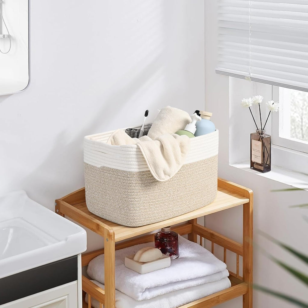 Shelf Baskets for Organizing, Woven Storage Basket for Shelves, Cotton Rope Storage Bins for Toys Books, Nursery Towel Baskets for Classroom, 14.96"X9.8"X8.85", 3-Pack White/Brown