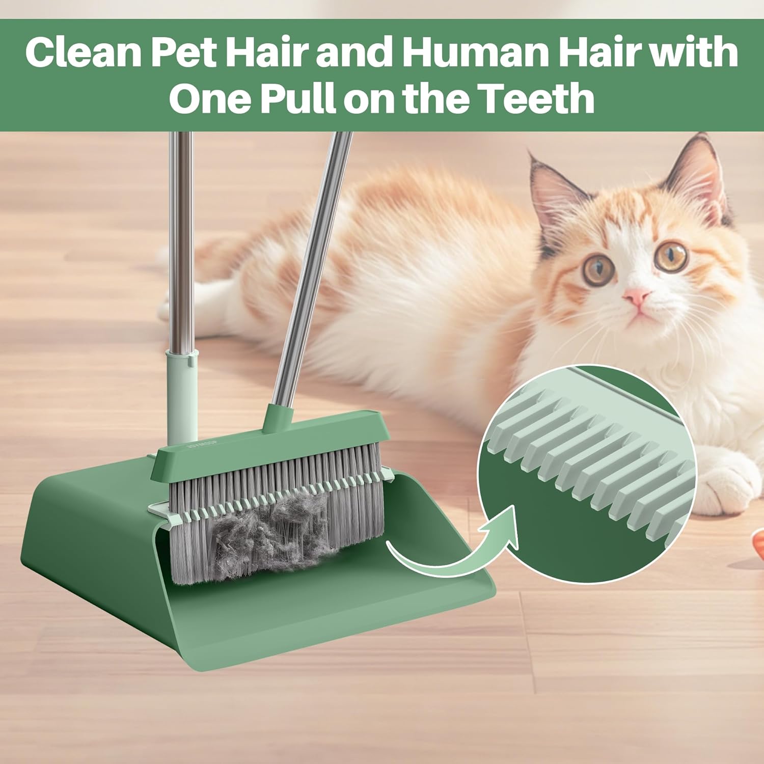 JOYMOOP Dark Teal Green Broom and Dustpan Set, Upright Angle with Built-in Comb Teeth, Ideal for Home, Office, Hardwood, Pet Hair
