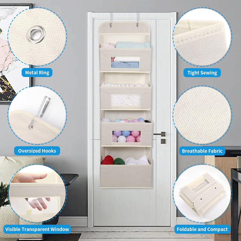 MAX Houser 4-Shelf Over The Door Hanging Organizer with 2 Metal Hooks, 4 Pocket Swing-Proof Behind Door Organizers with Clear Windows for Nursery Bathroom Closet,Dorm,Baby Diapers, Kids Toys (Beige)