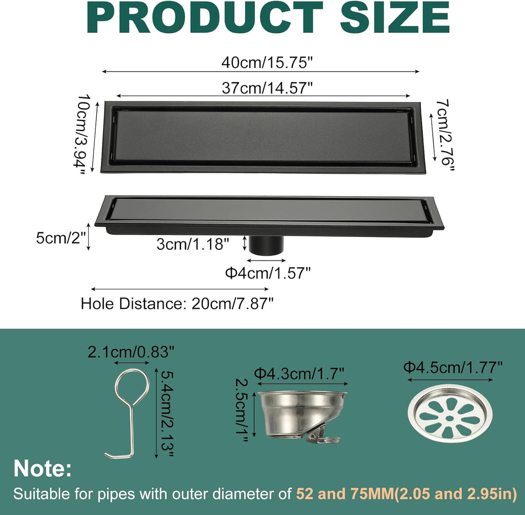 uxcell Rectangular Shower Drain, Brushed 304 Stainless Steel Odor-Proof Floor Drain Linear Shower Drain Hair Catcher for Bathroom Kitchen and Laundry Room(16 Inch, Black)