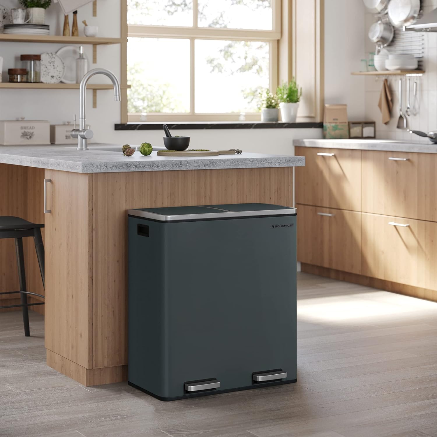 SONGMICS Trash Can, 2 x 8 Gallon (2 x 30 L) Garbage Can for Kitchen, with 15 Trash Bags, 2 Compartments, Plastic Inner Buckets and Hinged Lids, Airtight, Greenish-Gray ULTB60GS02